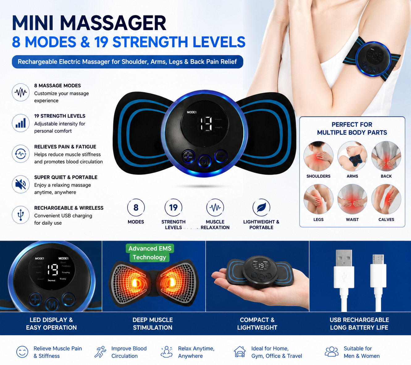 Mini Massager with 8 Modes and 19 Strength Levels,Rechargeable Electric Massager for Shoulder,Arms,Legs,Back Pain for Men and Women