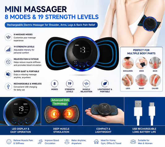 Mini Massager with 8 Modes and 19 Strength Levels,Rechargeable Electric Massager for Shoulder,Arms,Legs,Back Pain for Men and Women